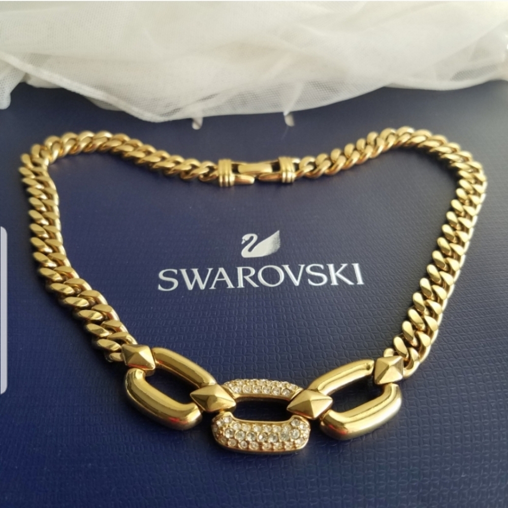AUTHENTIC Swarovski 18k Gold Plated Chunky Chain Vintage Link Necklace - Picture 15 of 17